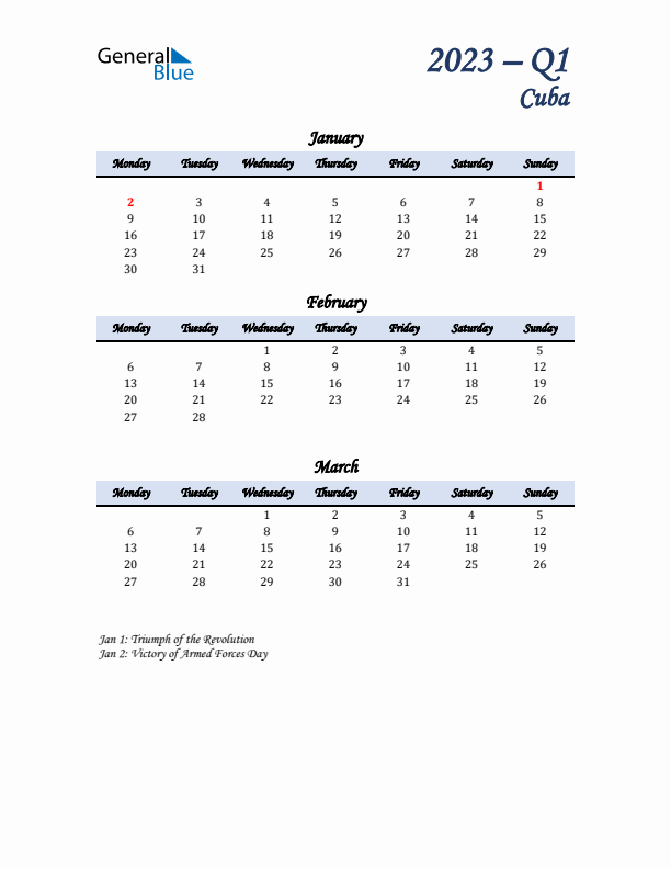 January, February, and March Calendar for Cuba with Monday Start