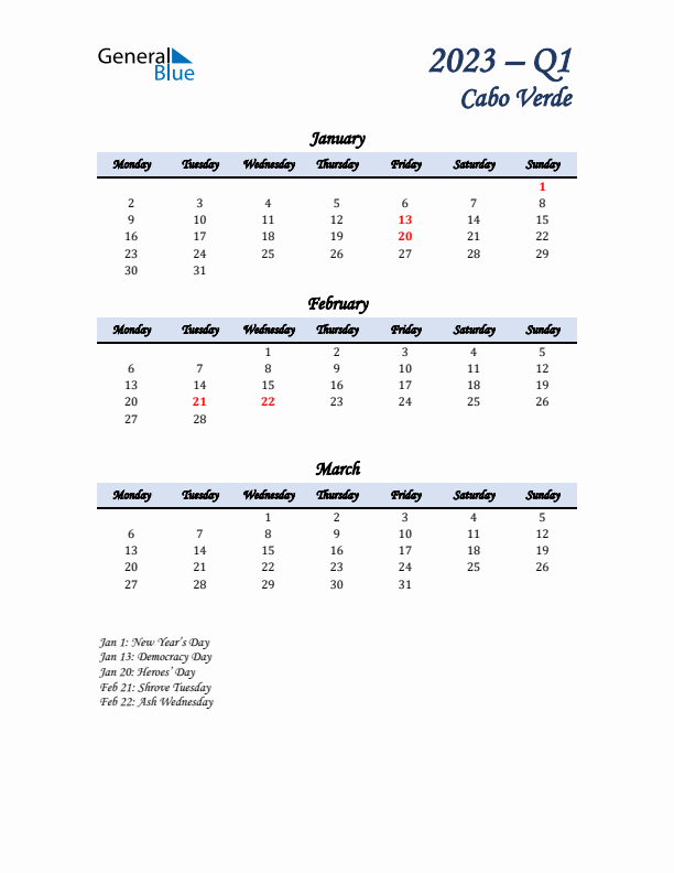 January, February, and March Calendar for Cabo Verde with Monday Start