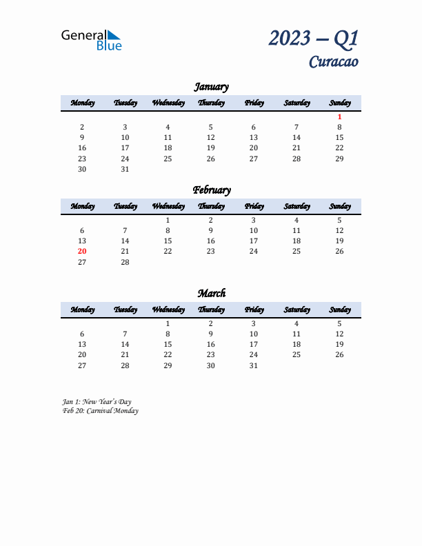 January, February, and March Calendar for Curacao with Monday Start