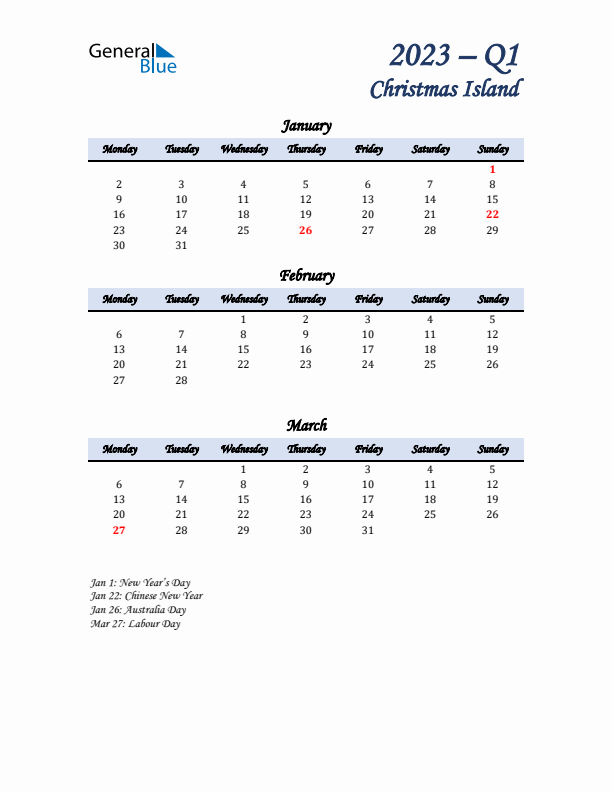 January, February, and March Calendar for Christmas Island with Monday Start