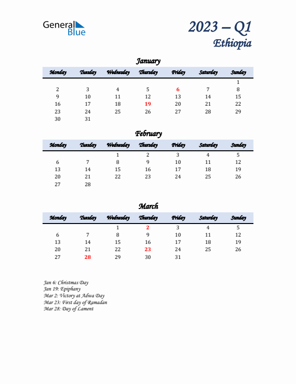 January, February, and March Calendar for Ethiopia with Monday Start