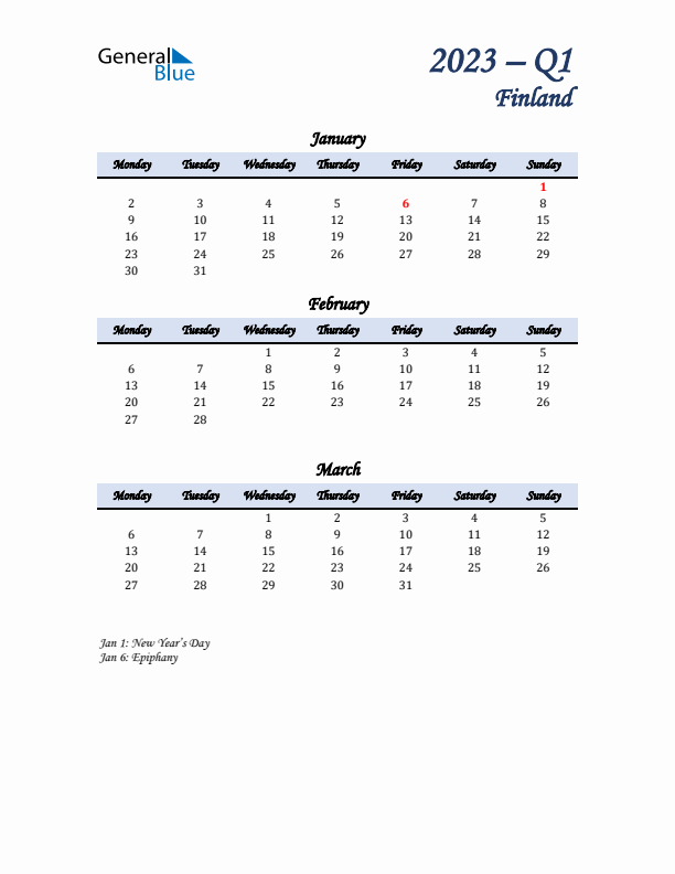 January, February, and March Calendar for Finland with Monday Start