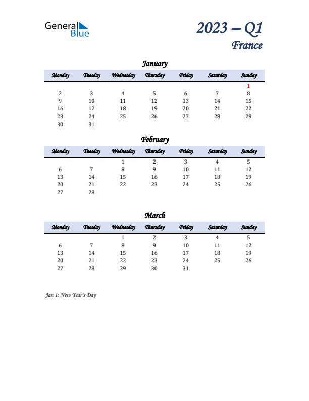 January, February, and March Calendar for France with Monday Start