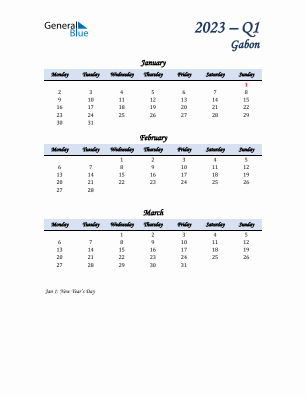 January, February, and March Calendar for Gabon with Monday Start