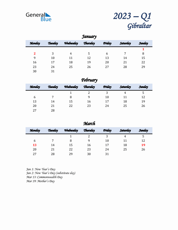 January, February, and March Calendar for Gibraltar with Monday Start