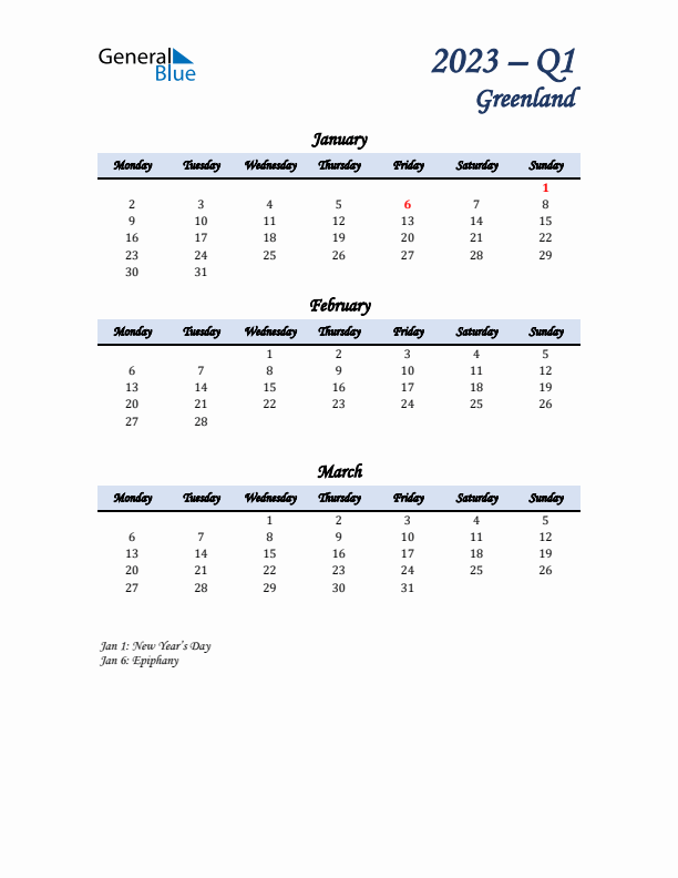 January, February, and March Calendar for Greenland with Monday Start