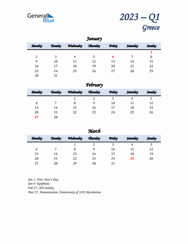 January, February, and March Calendar for Greece with Monday Start