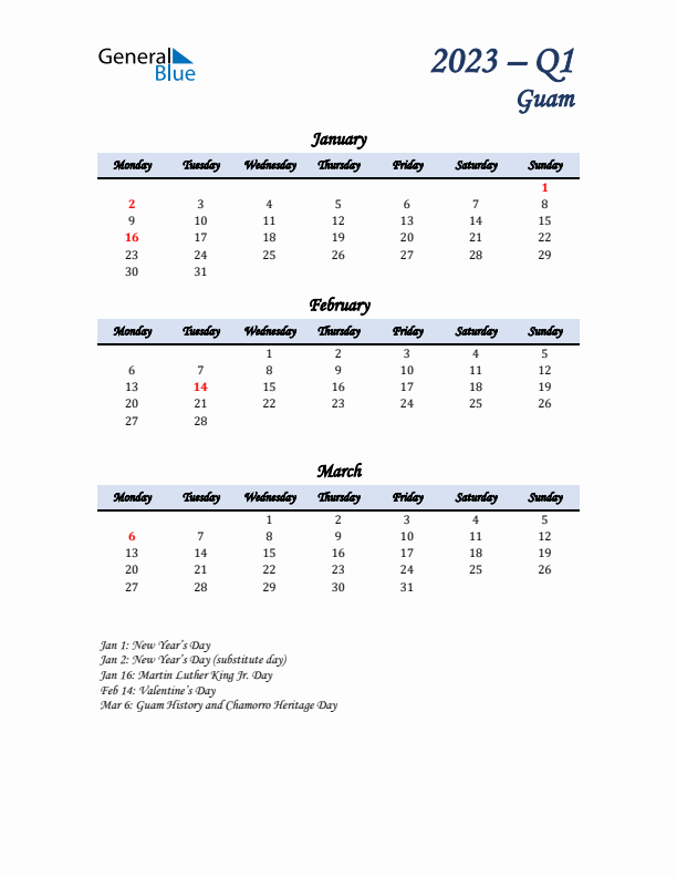 January, February, and March Calendar for Guam with Monday Start