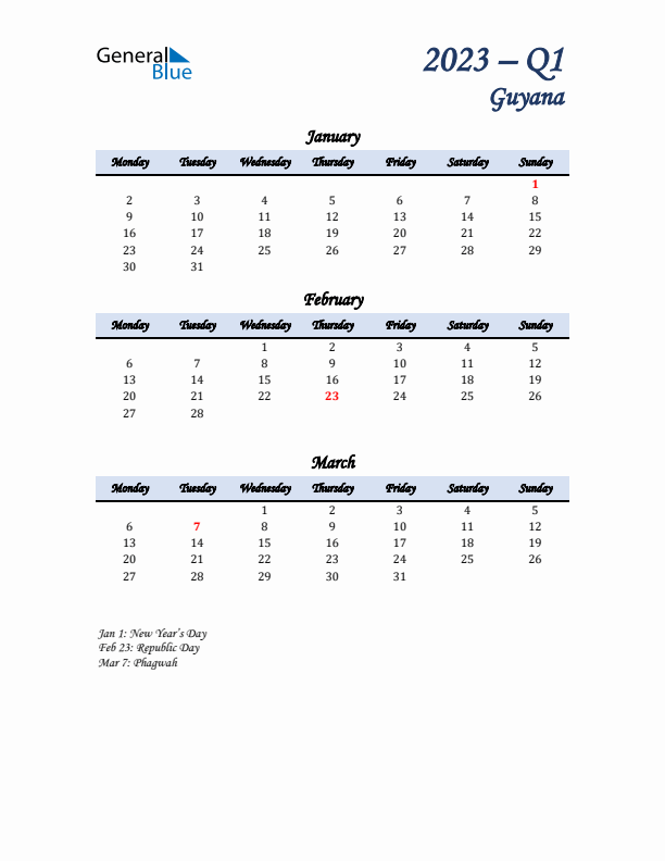 January, February, and March Calendar for Guyana with Monday Start