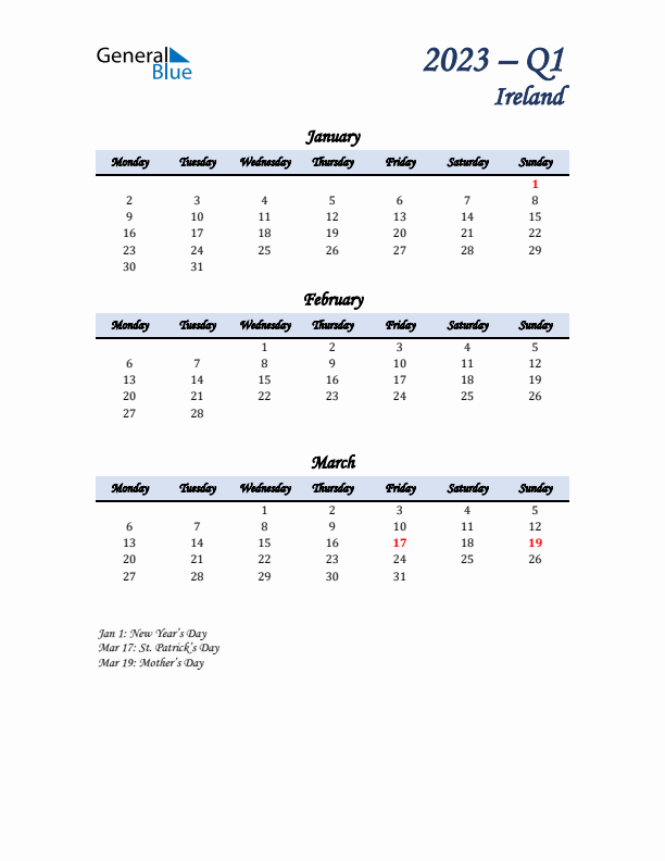 January, February, and March Calendar for Ireland with Monday Start