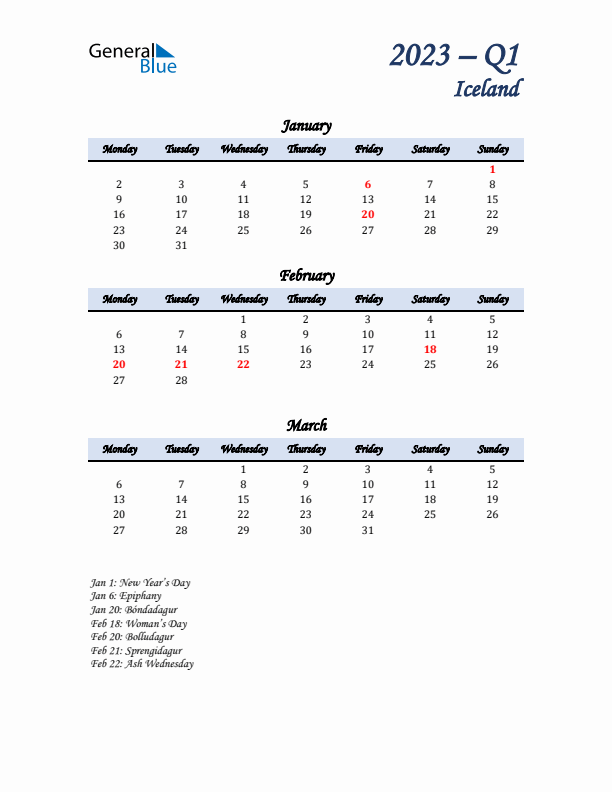 January, February, and March Calendar for Iceland with Monday Start