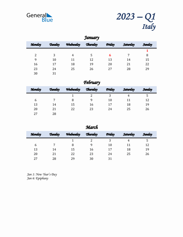 January, February, and March Calendar for Italy with Monday Start