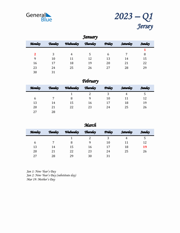 January, February, and March Calendar for Jersey with Monday Start