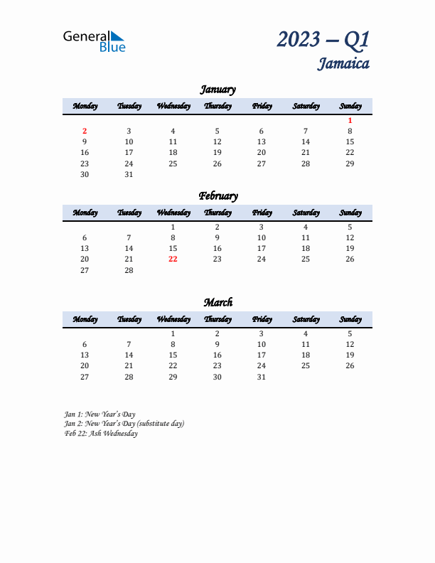 January, February, and March Calendar for Jamaica with Monday Start