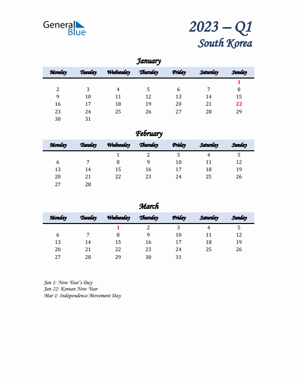 January, February, and March Calendar for South Korea with Monday Start