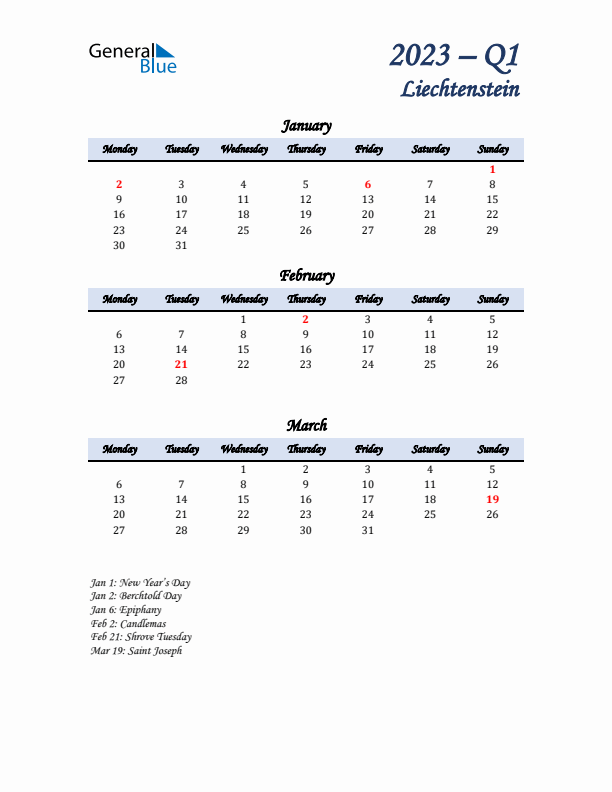 January, February, and March Calendar for Liechtenstein with Monday Start