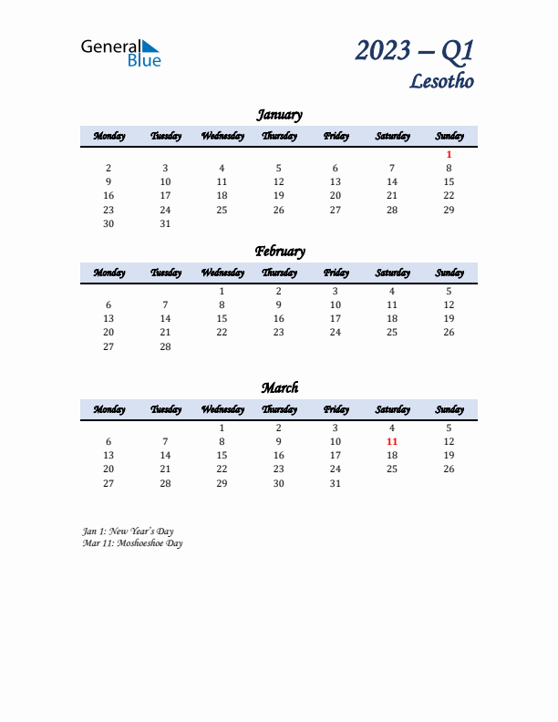 January, February, and March Calendar for Lesotho with Monday Start