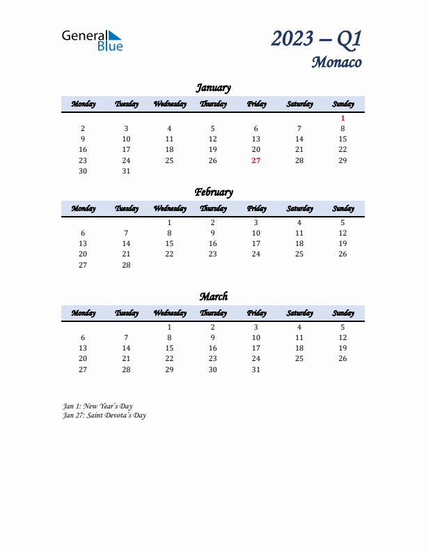 January, February, and March Calendar for Monaco with Monday Start