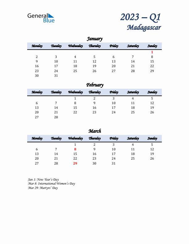 January, February, and March Calendar for Madagascar with Monday Start