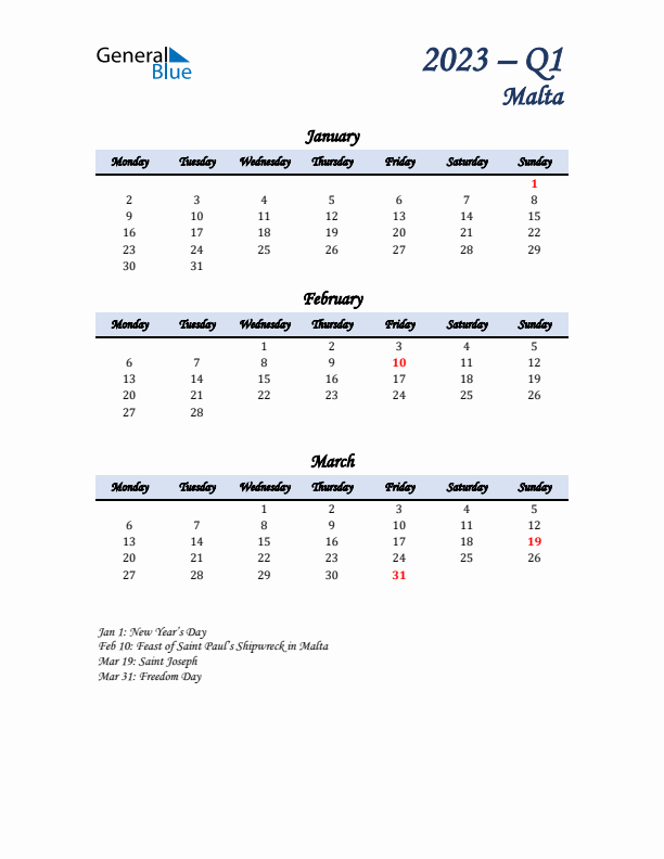 January, February, and March Calendar for Malta with Monday Start