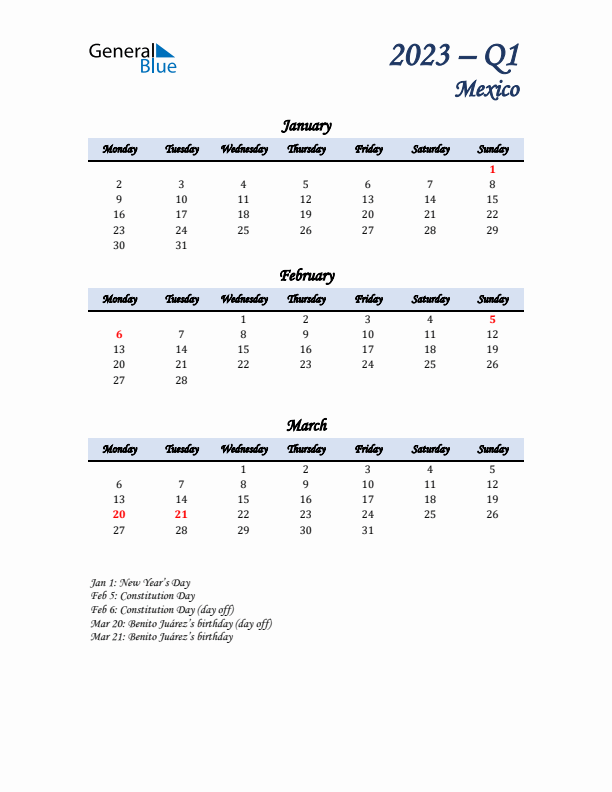 January, February, and March Calendar for Mexico with Monday Start