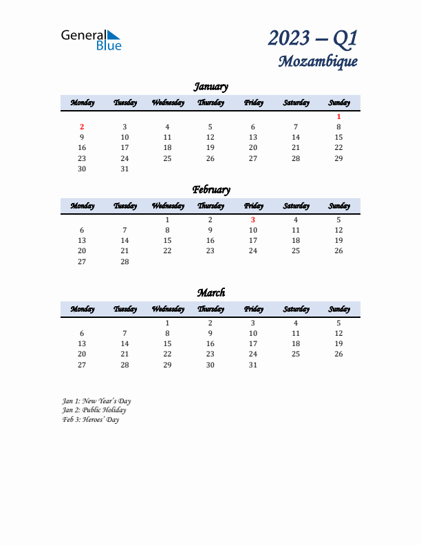 January, February, and March Calendar for Mozambique with Monday Start