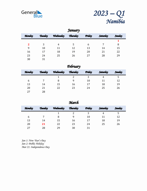 January, February, and March Calendar for Namibia with Monday Start