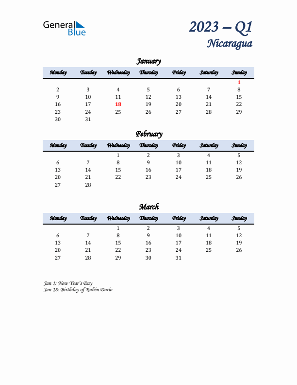 January, February, and March Calendar for Nicaragua with Monday Start