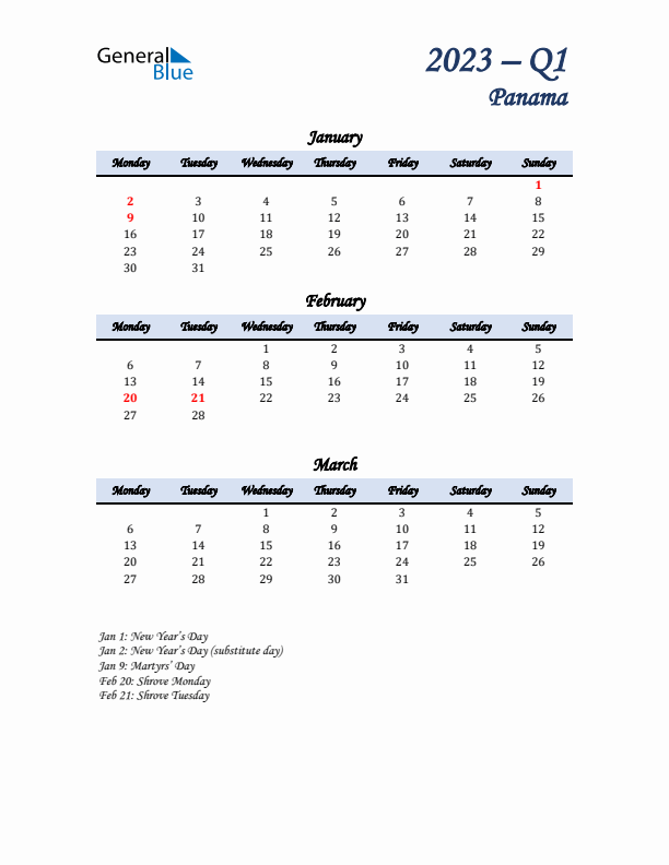 January, February, and March Calendar for Panama with Monday Start