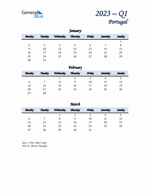 January, February, and March Calendar for Portugal with Monday Start