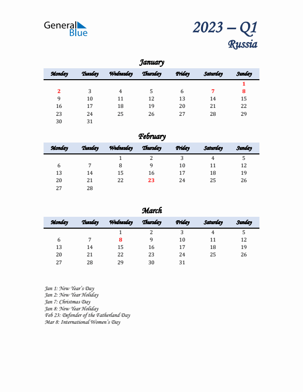 January, February, and March Calendar for Russia with Monday Start