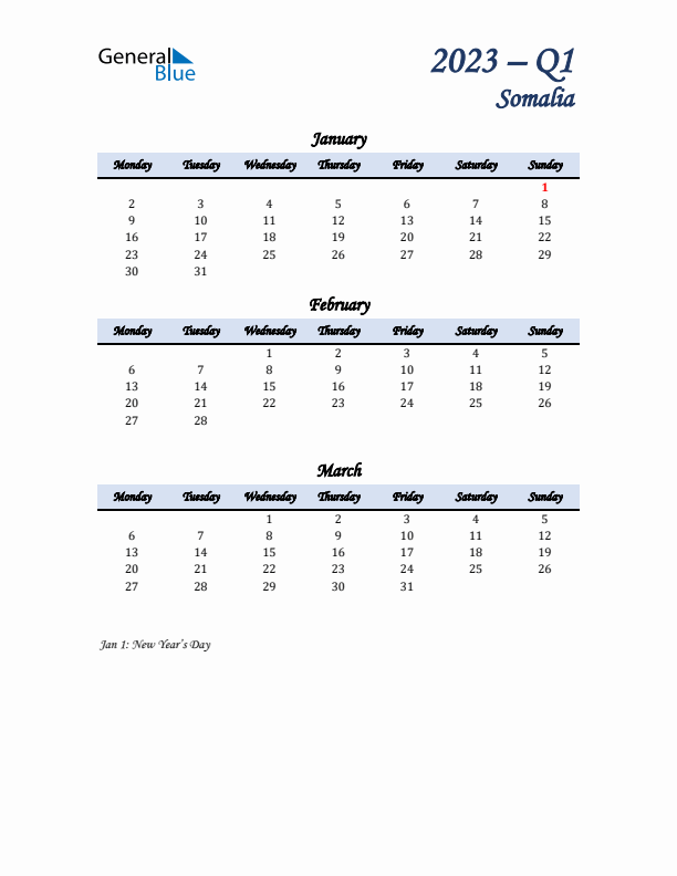 January, February, and March Calendar for Somalia with Monday Start