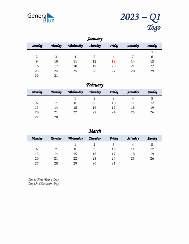 January, February, and March Calendar for Togo with Monday Start