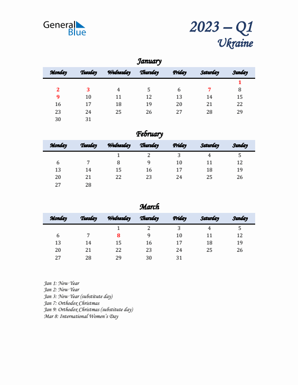 January, February, and March Calendar for Ukraine with Monday Start