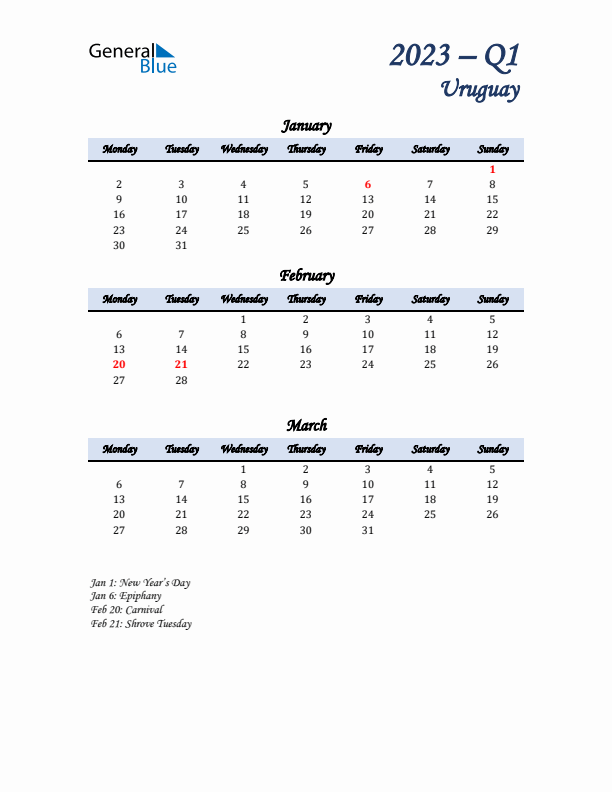 January, February, and March Calendar for Uruguay with Monday Start