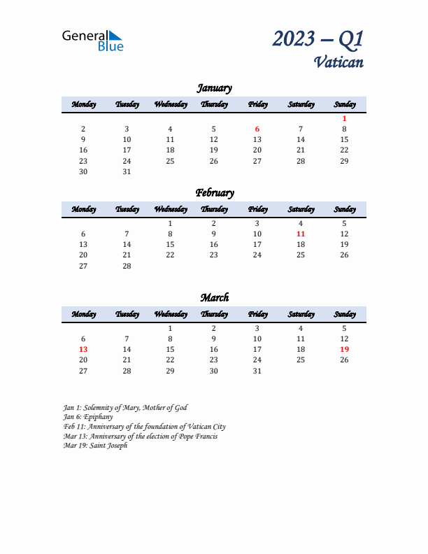 January, February, and March Calendar for Vatican with Monday Start