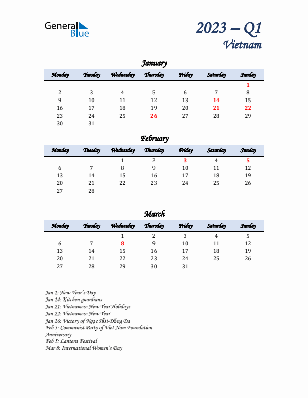 January, February, and March Calendar for Vietnam with Monday Start