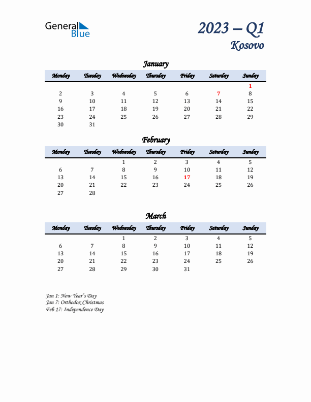 January, February, and March Calendar for Kosovo with Monday Start