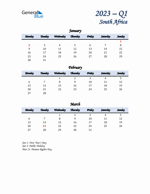 January, February, and March Calendar for South Africa with Monday Start