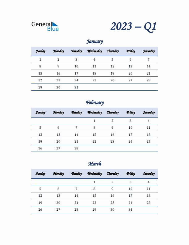 Sunday Start 2023 Quarterly Calendar