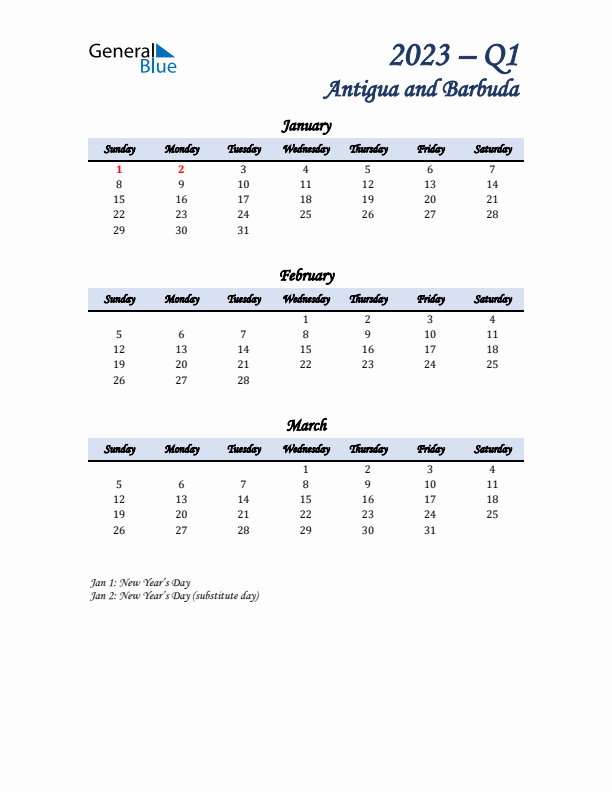 January, February, and March Calendar for Antigua and Barbuda with Sunday Start