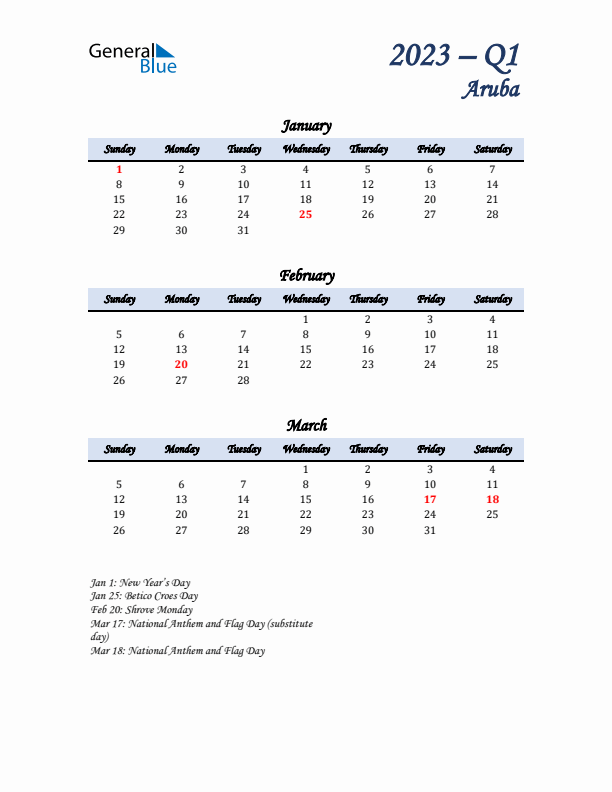 January, February, and March Calendar for Aruba with Sunday Start