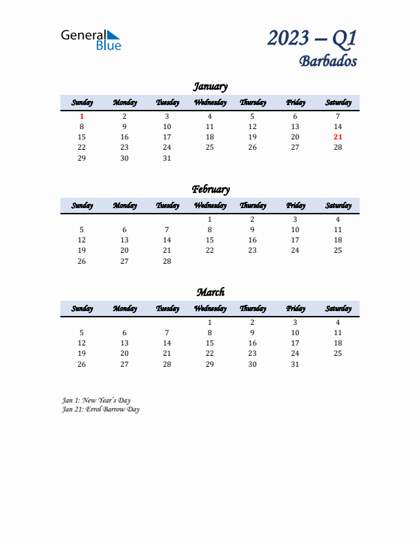 January, February, and March Calendar for Barbados with Sunday Start