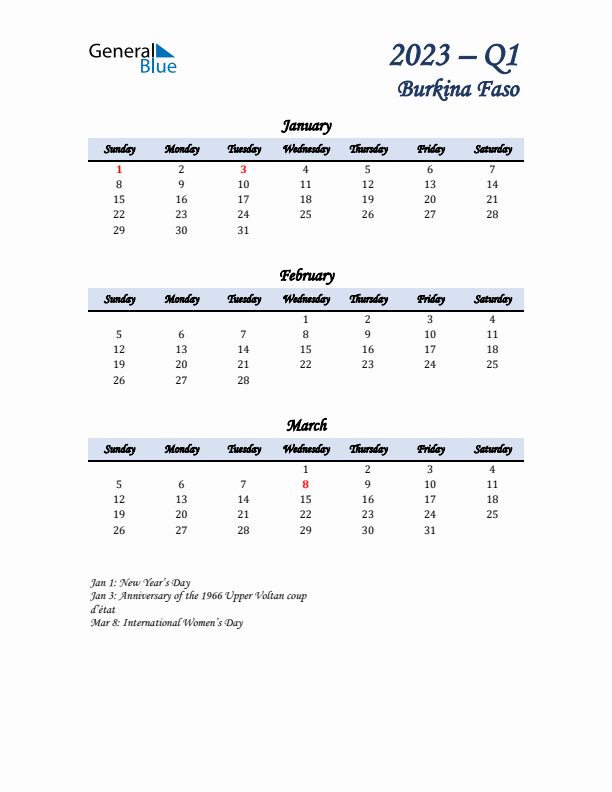 January, February, and March Calendar for Burkina Faso with Sunday Start