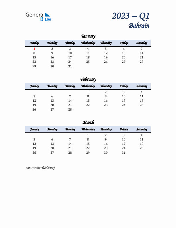 January, February, and March Calendar for Bahrain with Sunday Start