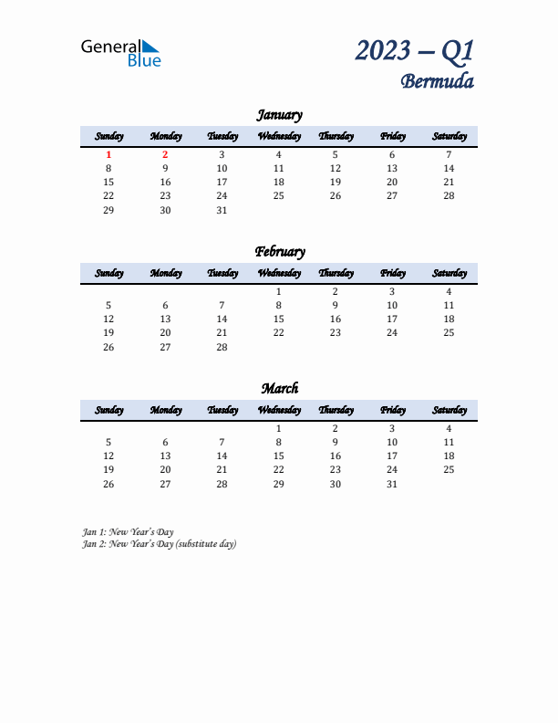 January, February, and March Calendar for Bermuda with Sunday Start