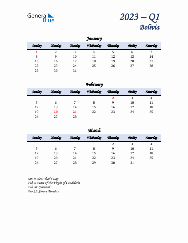 January, February, and March Calendar for Bolivia with Sunday Start