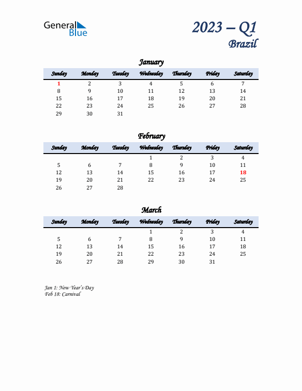 January, February, and March Calendar for Brazil with Sunday Start