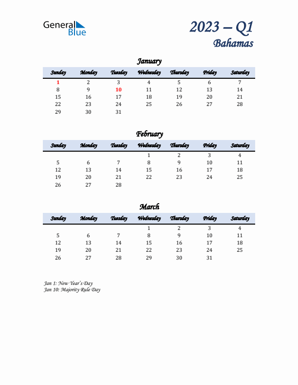 January, February, and March Calendar for Bahamas with Sunday Start