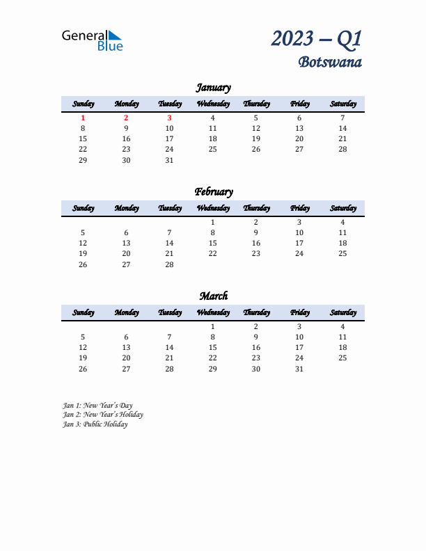 January, February, and March Calendar for Botswana with Sunday Start